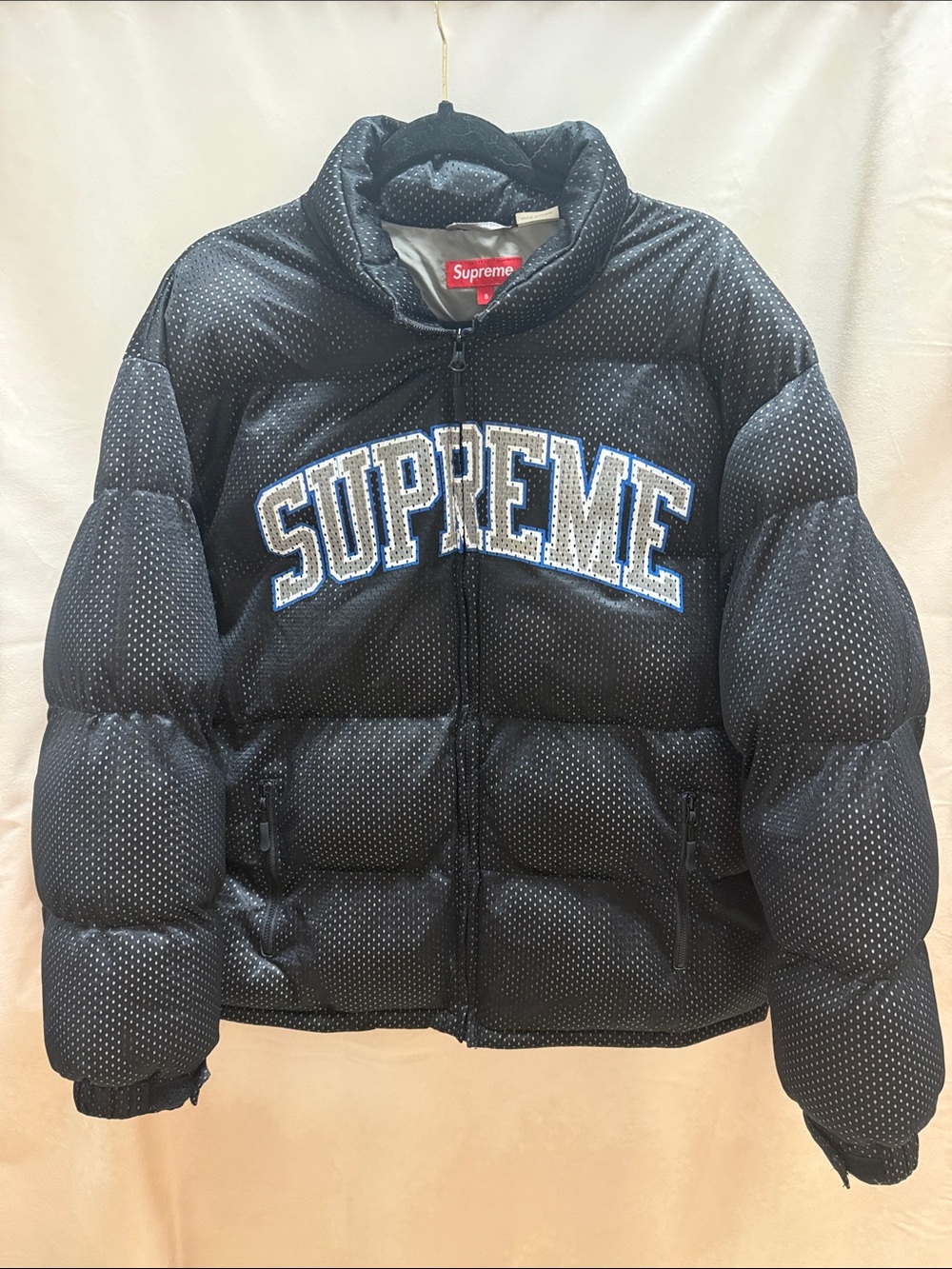 Supreme Mesh Jersey Puffer Jacket Black SS23 Arc Logo Puffer Coat